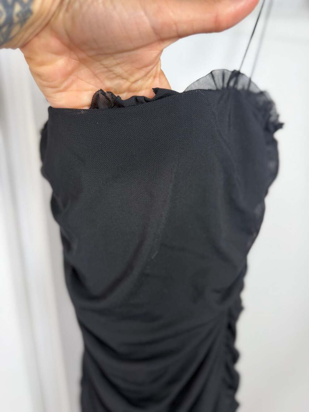 American Threads Black Ruffle Mesh Ruched Bodysuit - Picture 7 of 8